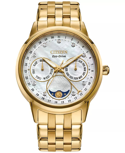 Citizen Eco-Drive Women's Calendrier Diamond-Accent Gold-Tone Stainless Steel Bracelet Watch 37mm