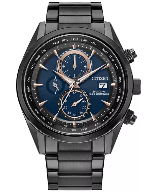 Citizen Eco-Drive Men's Chronograph Sport Luxury Radio Control Black-Tone Stainless Steel Bracelet Watch 43mm