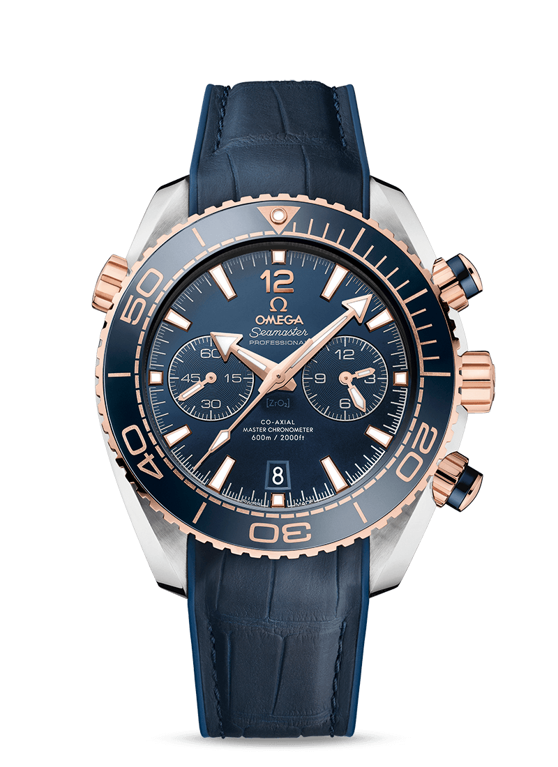 PLANET OCEAN 600 M OMEGA CO-AXIAL MASTER CHRONOMETER
CHRONOGRAPH 45.5 MM
Steel - Sedna Gold on leather strap with rubber lining