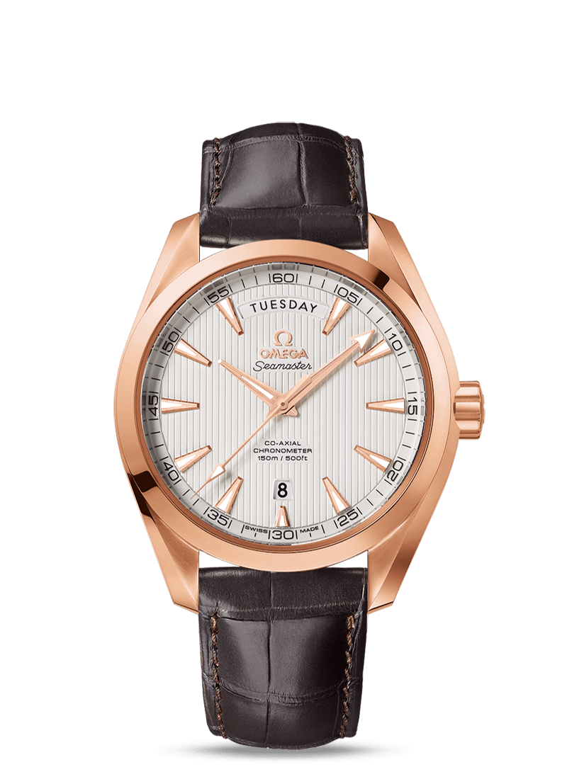 AQUA TERRA 150 M OMEGA CO AXIAL DAY DATE 41.5 MM Red gold on leather s colorsdutyfreejewellers