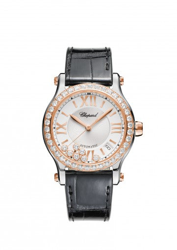 HAPPY SPORT 36 MM AUTOMATIC WATCH 18K ROSE GOLD, STAINLESS STEEL AND DIAMONDS