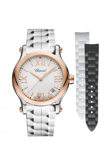 HAPPY SPORT 36 MM QUARTZ
18K ROSE GOLD, STAINLESS STEEL AND DIAMONDS