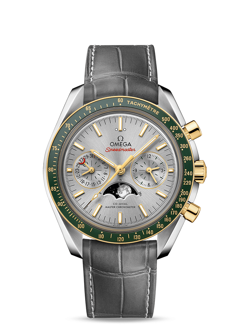 Steel yellow gold on leather strap MOONWATCH OMEGA CO AXIAL MASTER CHRONOMETER MOONPHASE CHRONOGRAPH 44.25 MM