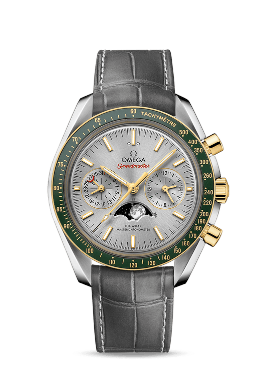 Steel ‑ yellow gold on leather strap
 MOONWATCH
 OMEGA CO‑AXIAL MASTER CHRONOMETER MOONPHASE CHRONOGRAPH 44.25 MM
