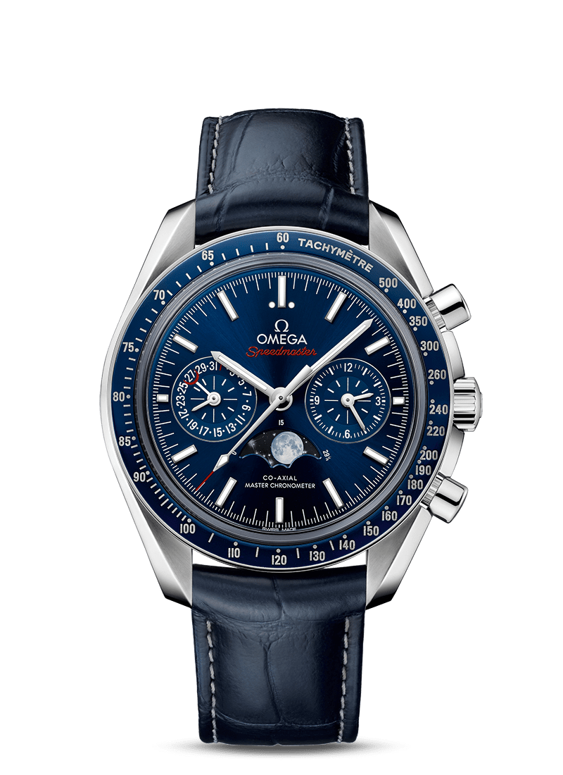 Steel on leather strap
Speedmaster
MOONWATCH
OMEGA CO‑AXIAL MASTER CHRONOMETER MOONPHASE CHRONOGRAPH 44.25 MM
