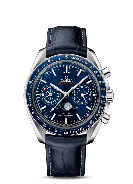 Steel on leather strap
 Speedmaster
 MOONWATCH
 OMEGA CO‑AXIAL MASTER CHRONOMETER MOONPHASE CHRONOGRAPH 44.25 MM
