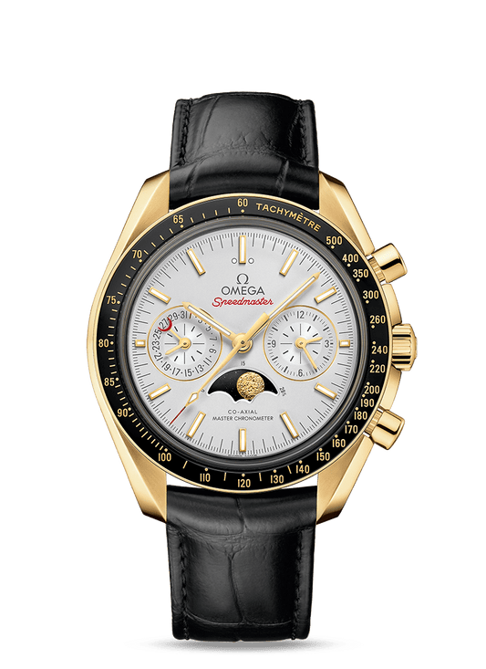 Yellow gold on leather strap
 MOONWATCH
 OMEGA CO‑AXIAL MASTER CHRONOMETER MOONPHASE CHRONOGRAPH 44.25 MM