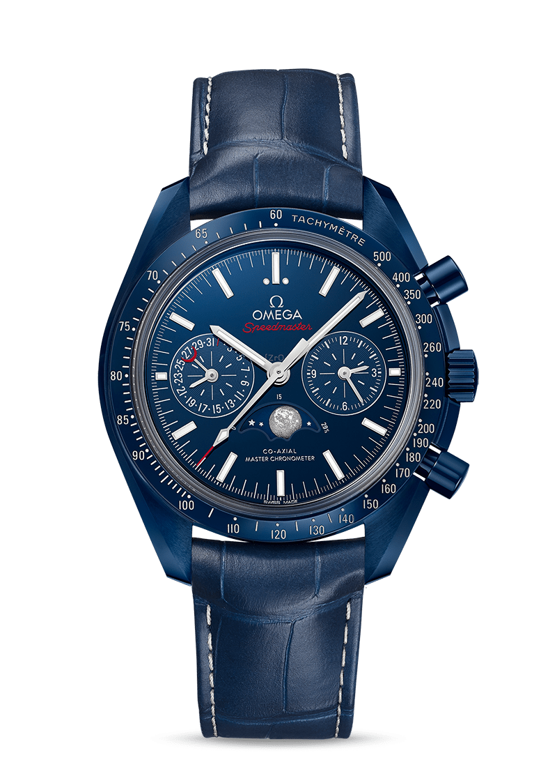 Blue ceramic on leather strap
MOONWATCH
OMEGA CO‑AXIAL MASTER CHRONOMETER MOONPHASE CHRONOGRAPH 44.25 MM
Blue Side Of The Moon