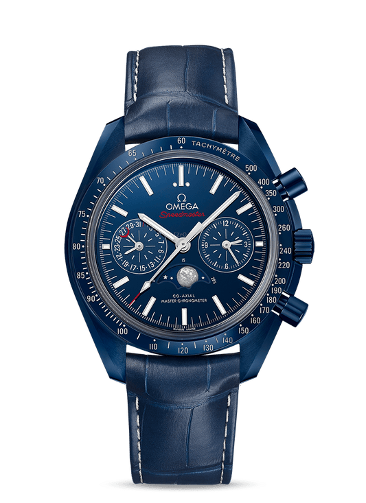 Blue ceramic on leather strap
 MOONWATCH
 OMEGA CO‑AXIAL MASTER CHRONOMETER MOONPHASE CHRONOGRAPH 44.25 MM
 Blue Side Of The Moon