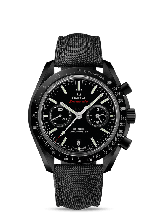 Black ceramic on coated nylon fabric strap with foldover clasp
 Speedmaster
 MOONWATCH
 OMEGA CO‑AXIAL CHRONOGRAPH 44.25 MM
 Dark Side of the Moon