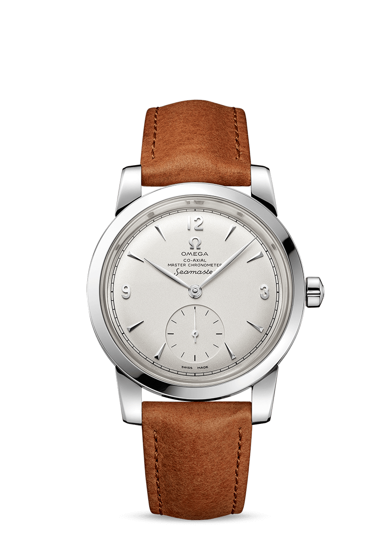 Steel on leather strap
 SEAMASTER 1948
 OMEGA CO‑AXIAL MASTER CHRONOMETER SMALL SECONDS 38 MM