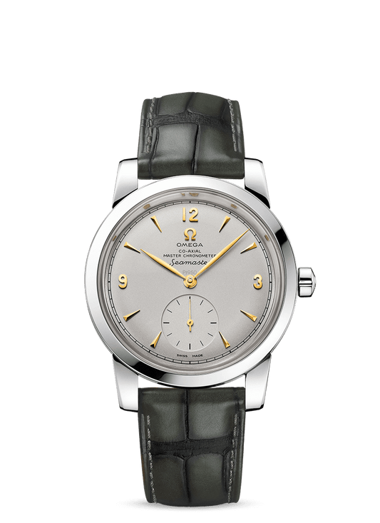 Platinum on leather strap
 SEAMASTER 1948
 OMEGA CO‑AXIAL MASTER CHRONOMETER SMALL SECONDS 38 MM