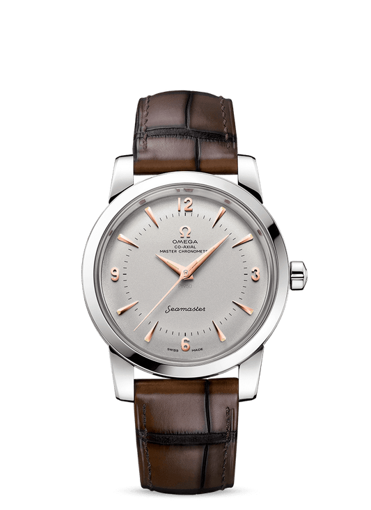 Platinum on leather strap
 Seamaster
 SEAMASTER 1948
 OMEGA CO‑AXIAL MASTER CHRONOMETER 38 MM