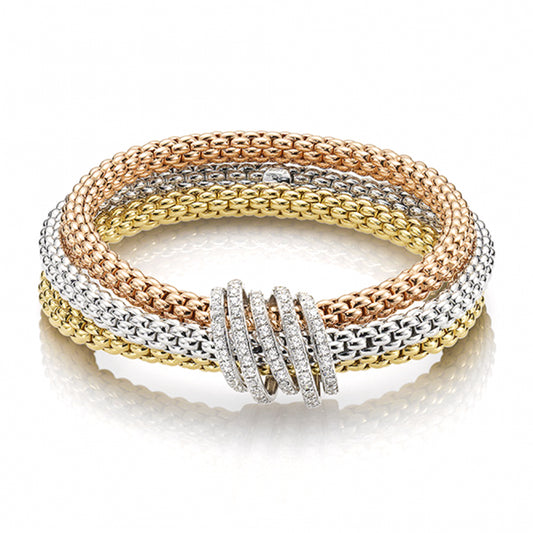 Fope Mialuce 18ct White, Yellow And Rose Gold Three Row Pave Diamond Rondels Bracelet