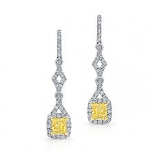 WHITE AND YELLOW GOLD FANCY YELLOW CUSHION DIAMOND DROP EARRINGS