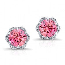 WHITE GOLD INSPIRED PINK ENHANCED ROUND DIAMOND HALO EARRINGS
