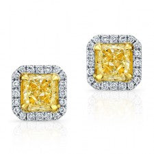 WHITE AND YELLOW GOLD RADIANT FANCY YELLOW DIAMOND STUD EARRINGS