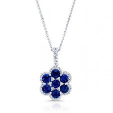 WHITE GOLD NATURAL COLOR SAPPHIRE FLOWER DIAMOND PENDANT