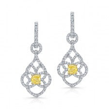 WHITE AND YELLOW GOLD FANCY YELLOW CUSHION DIAMOND DANGLE EARRINGS