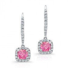 WHITE GOLD PINK ENHANCED CUSHION DIAMOND DANGLE EARRINGS