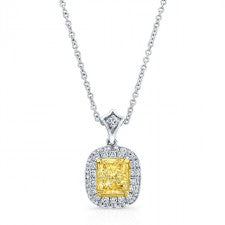 WHITE AND YELLOW GOLD CUSHION FANCY YELLOW HALO DIAMOND PENDANT