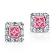 WHITE GOLD PINK ENHANCED PRINCESS DIAMOND HALO EARRINGS