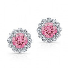 WHITE GOLD PINK ENHANCED ROUND DIAMOND HALO EARRINGS