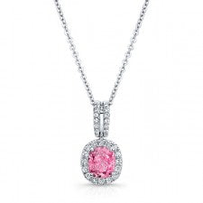 WHITE GOLD ELEGANT PINK ENHANCED CUSHION DIAMOND PENDANT