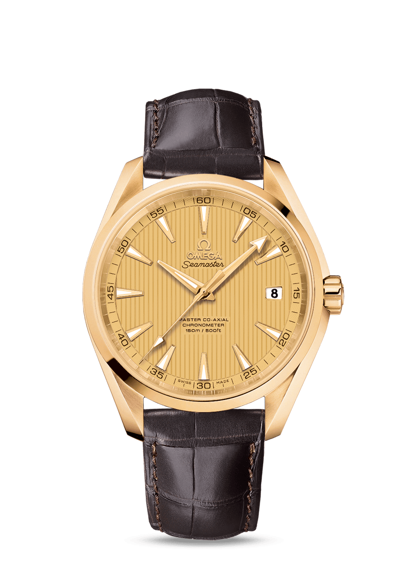 AQUA TERRA 150 M OMEGA MASTER CO-AXIAL 41.5 MM
 
 Yellow gold on leather strap