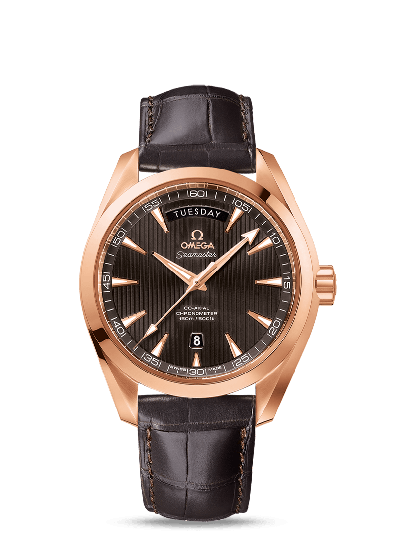 AQUA TERRA 150 M OMEGA CO-AXIAL DAY-DATE 41.5 MM
 
 Red gold on leather strap