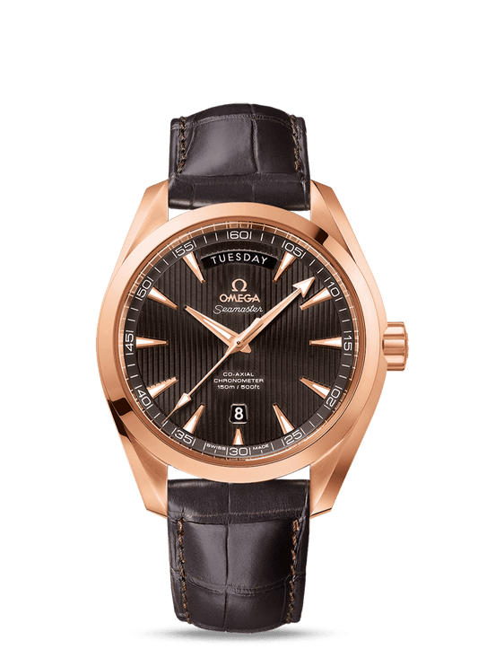 AQUA TERRA 150 M OMEGA CO-AXIAL DAY-DATE 41.5 MM
 
 Red gold on leather strap