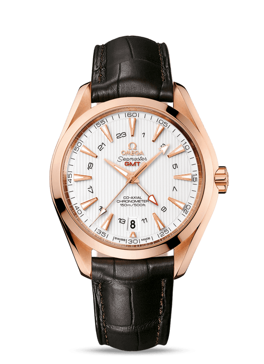 AQUA TERRA 150 M OMEGA CO-AXIAL GMT 43 MM
 
 Red gold on leather strap