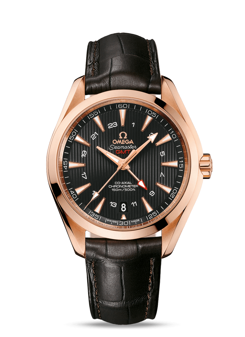 AQUA TERRA 150 M OMEGA CO-AXIAL GMT 43 MM
 
 Red gold on leather strap