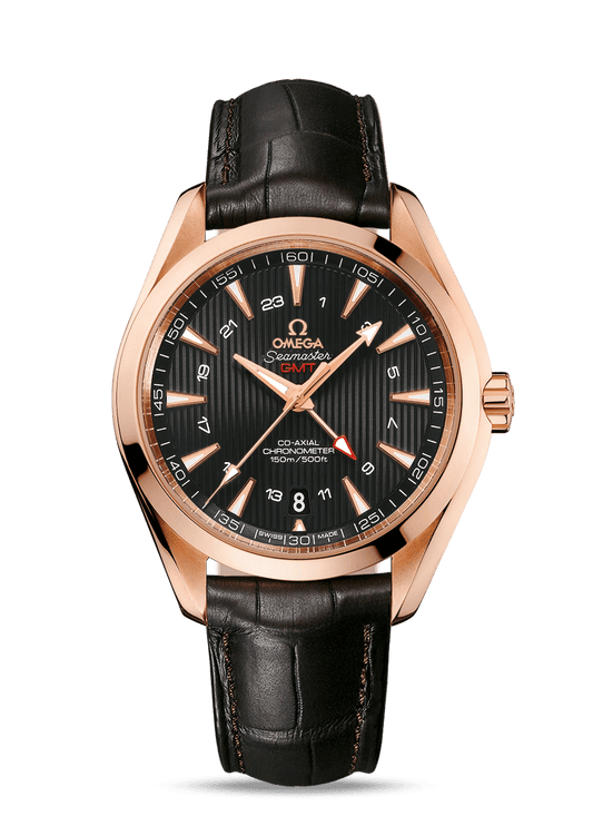 AQUA TERRA 150 M OMEGA CO-AXIAL GMT 43 MM
 
 Red gold on leather strap