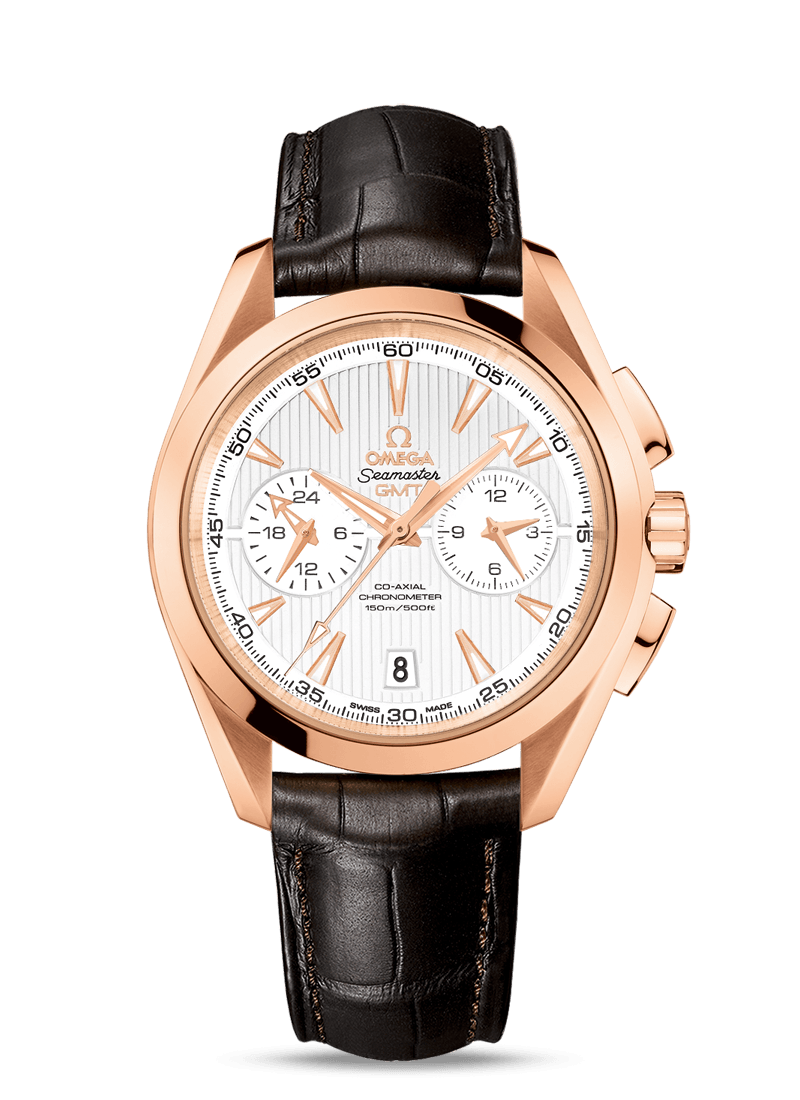 AQUA TERRA 150 M OMEGA CO-AXIAL GMT CHRONOGRAPH 43 MM
 
 Red gold on leather strap