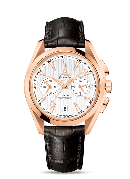 AQUA TERRA 150 M OMEGA CO-AXIAL GMT CHRONOGRAPH 43 MM
 
 Red gold on leather strap