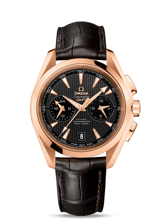 AQUA TERRA 150 M OMEGA CO-AXIAL GMT CHRONOGRAPH 43 MM
 
 Red gold on leather strap