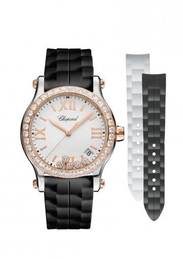 The Happy Sport 36 mm quartz watch in stainless steel and 18k rose gold exudes sparkling femininity. The bold definition of the diamond-set bezel and the elegant lugs which continue its sweeping curves are countered by the playful dancing diamonds and two