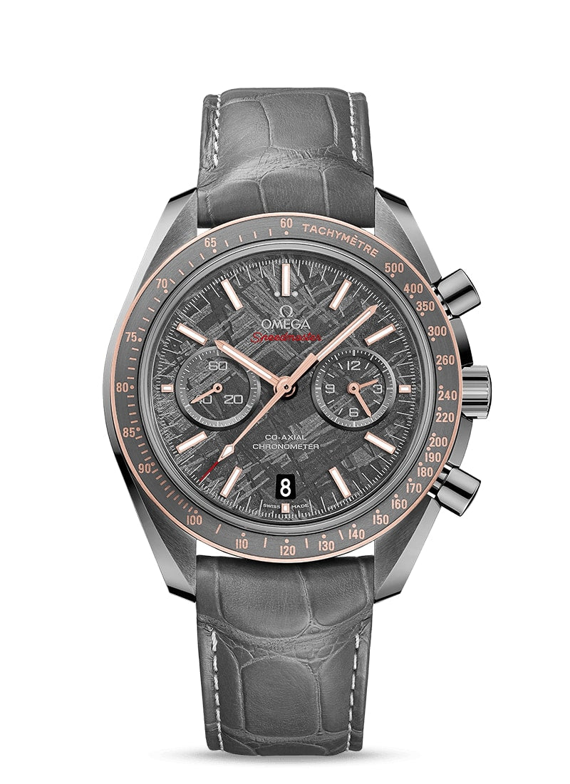 MOONWATCH OMEGA CO-AXIAL CHRONOGRAPH 44.25 MM
 METEORITE
 
 Grey ceramic on leather strap with foldover clasp