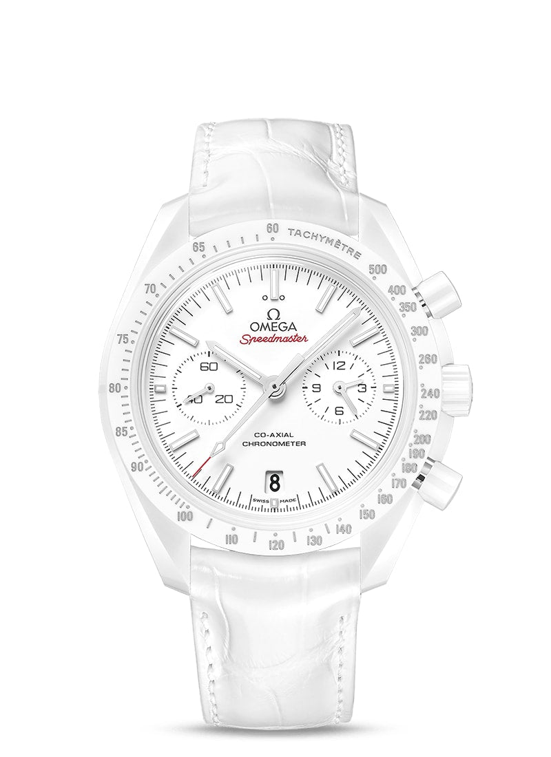 MOONWATCH OMEGA CO-AXIAL CHRONOGRAPH 44.25 MM
 WHITE SIDE OF THE MOON
 
 White ceramic on leather strap