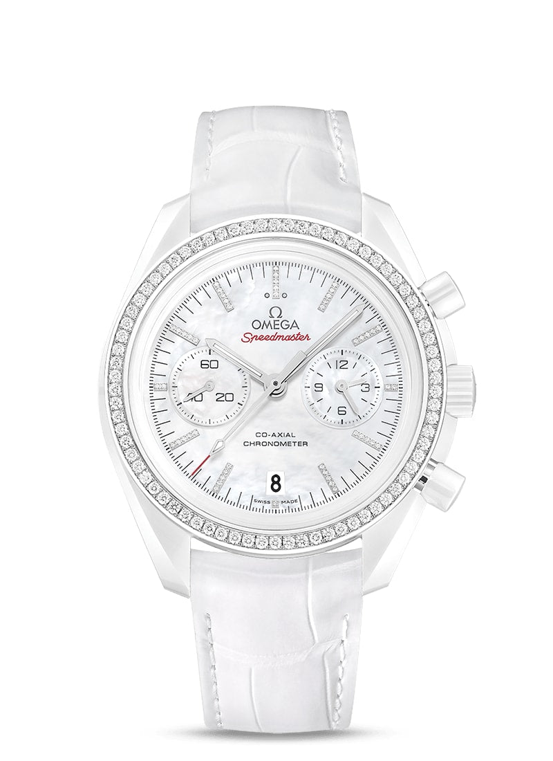 MOONWATCH OMEGA CO-AXIAL CHRONOGRAPH 44.25 MM
 WHITE SIDE OF THE MOON
 
 White ceramic on leather strap