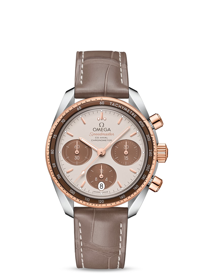 SPEEDMASTER 38 CO-AXIAL 
 CHRONOGRAPH 38 MM
 
 Steel - Sedna Gold on leather strap