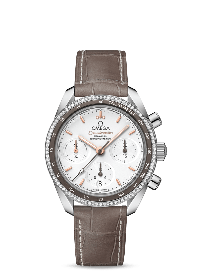 Steel on leather strap
 SPEEDMASTER 38
 CO‑AXIAL CHRONOGRAPH 38 MM