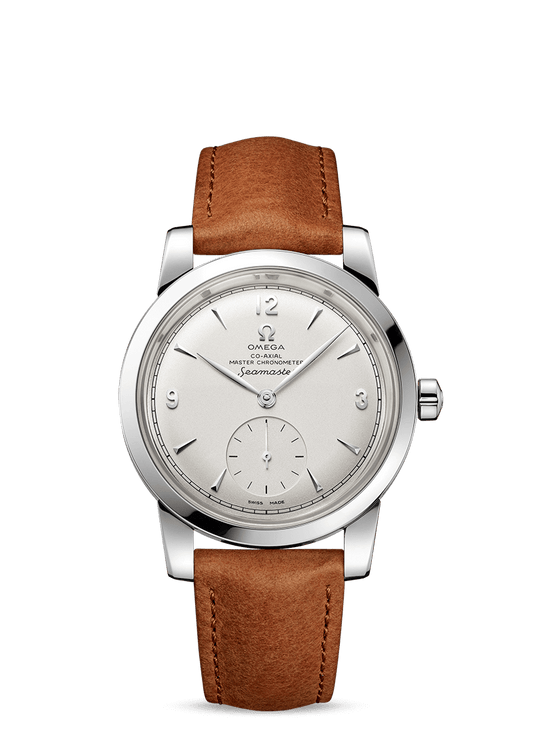Steel on leather strap
 SEAMASTER 1948
 OMEGA CO‑AXIAL MASTER CHRONOMETER SMALL SECONDS 38 MM
