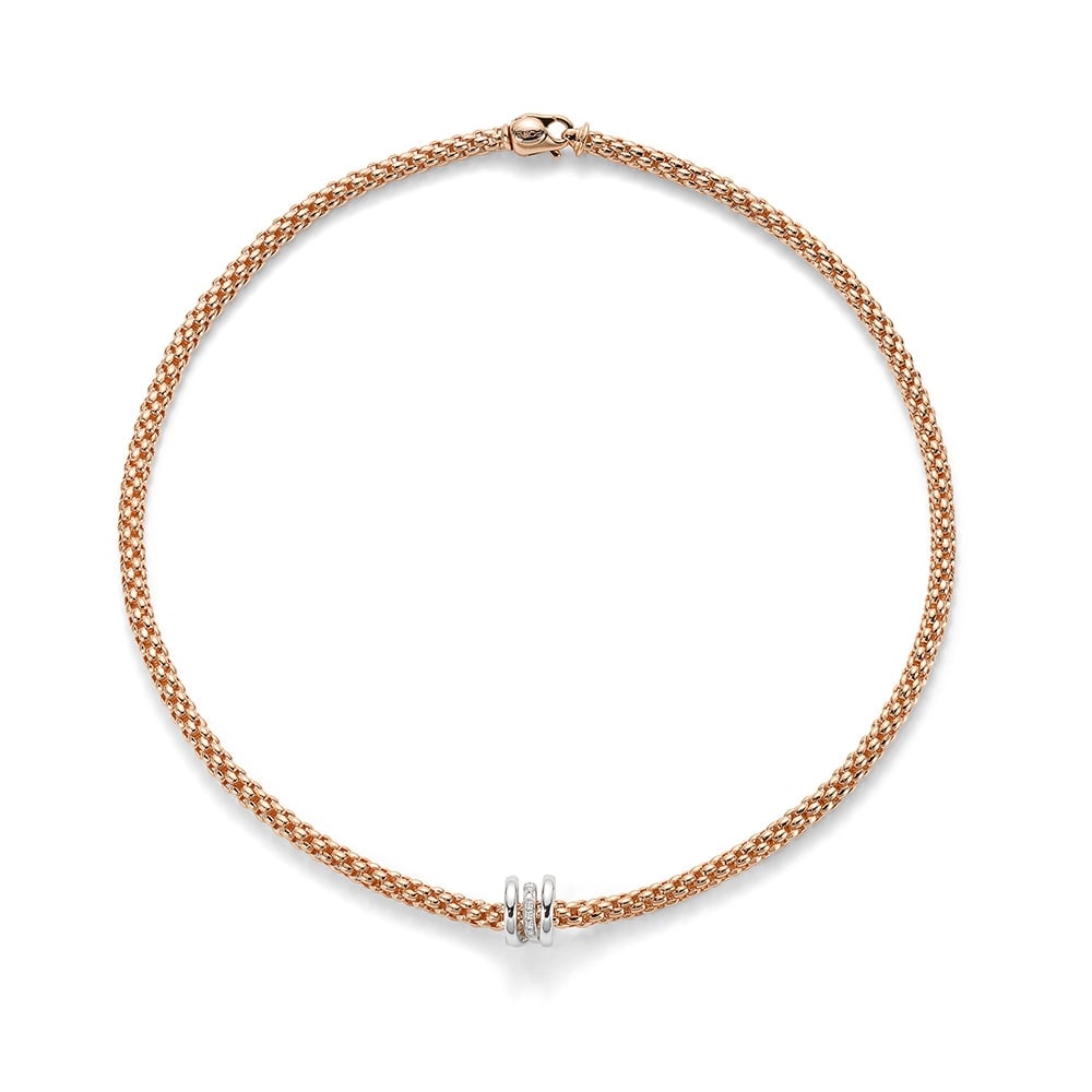 Fope Flex it Prima 18ct Rose Gold Necklet with 18ct White Gold Plain And Diamond Pave Set Rondels