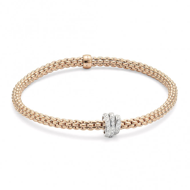 Fope Prima 18ct Rose Gold Flex It Bracelet With Three Diamond Pave Set Rondels