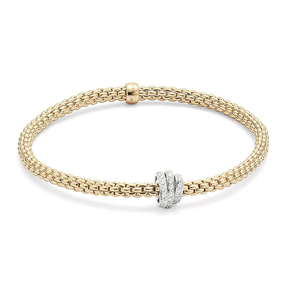 Fope Prima 18ct Yellow Gold Flex It Bracelet With Three Diamond Pave Set Rondels