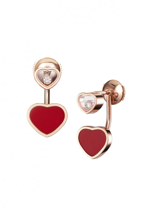HAPPY HEARTS EARRINGS
 18K ROSE GOLD, RED STONE AND DIAMONDS