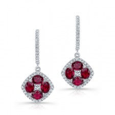 NATURAL COLOR WHITE GOLD VINTAGE RUBY FLOWER DIAMOND DROP EARRINGS