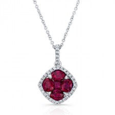 NATURAL COLOR WHITE GOLD RUBY FLOWER DIAMOND PENDANT